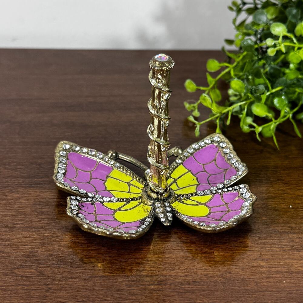 Butterfly Ring Holder Purple and Yellow Rhinestone Gold Enamel